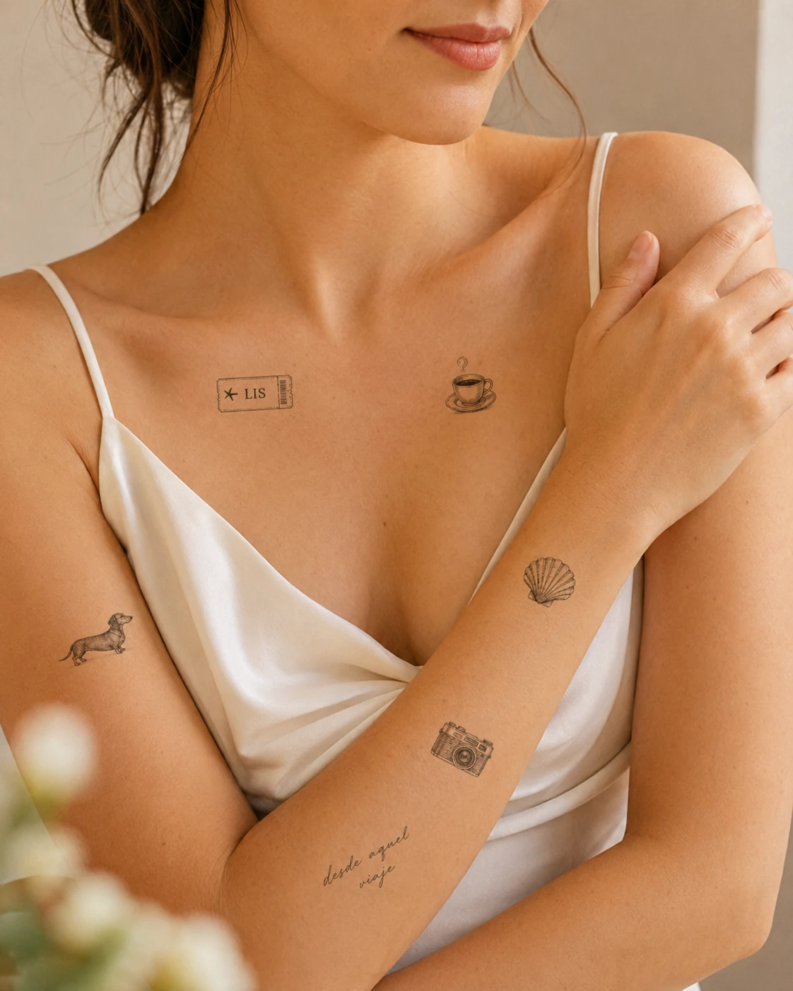 Tatuajes temporales de viaje, mascota, café y cámara sobre la piel, el archivo de una pareja
