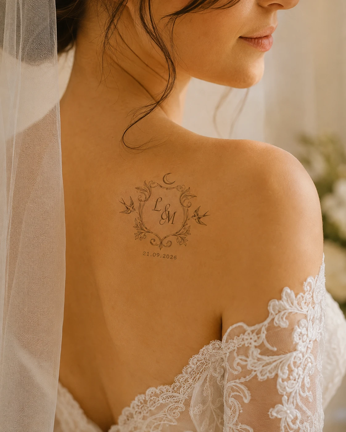Novia con un tatuaje temporal de escudo, iniciales L y M y la fecha de la boda en la espalda