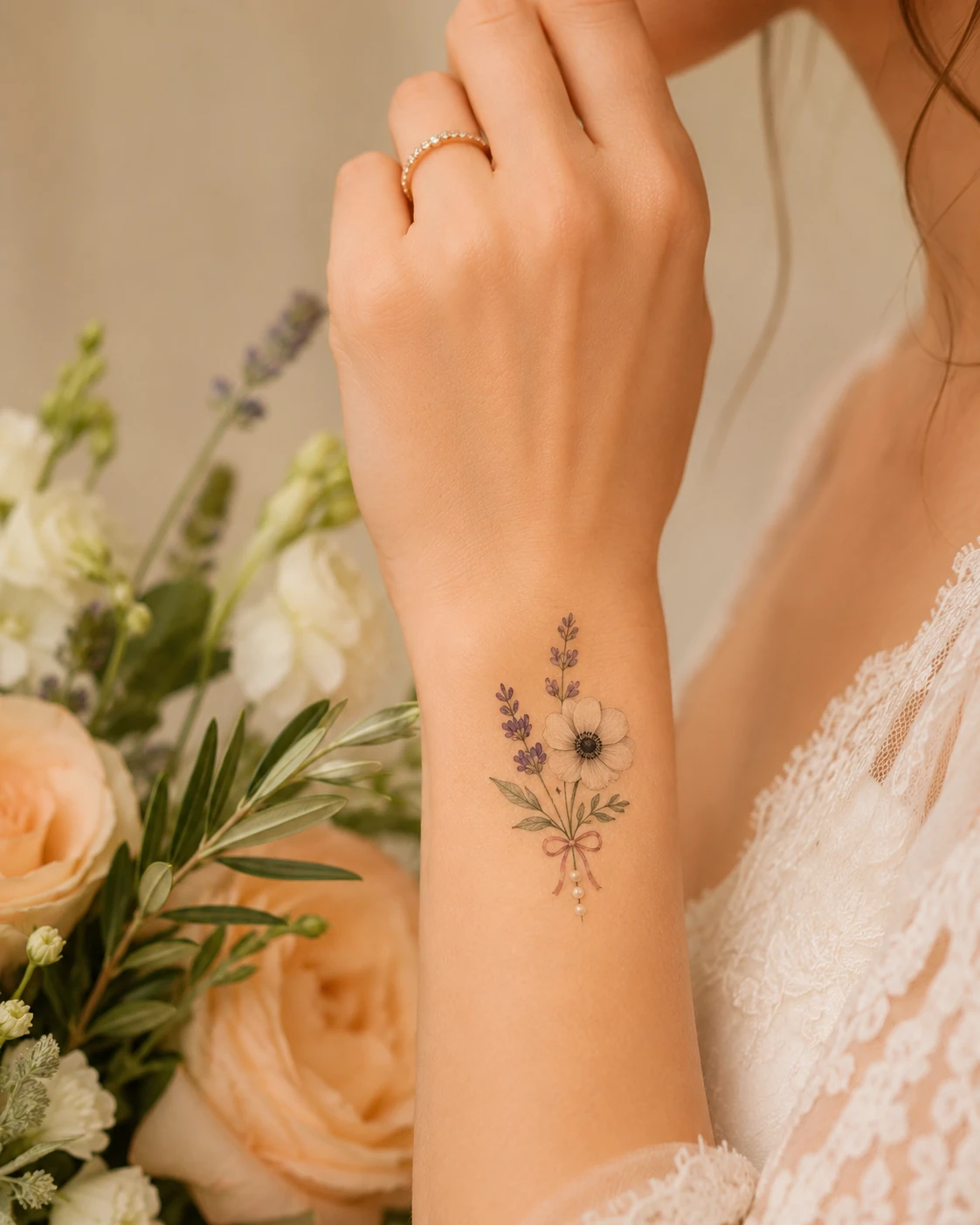 Tatuaje temporal de un ramo de flores en la muñeca de una novia
