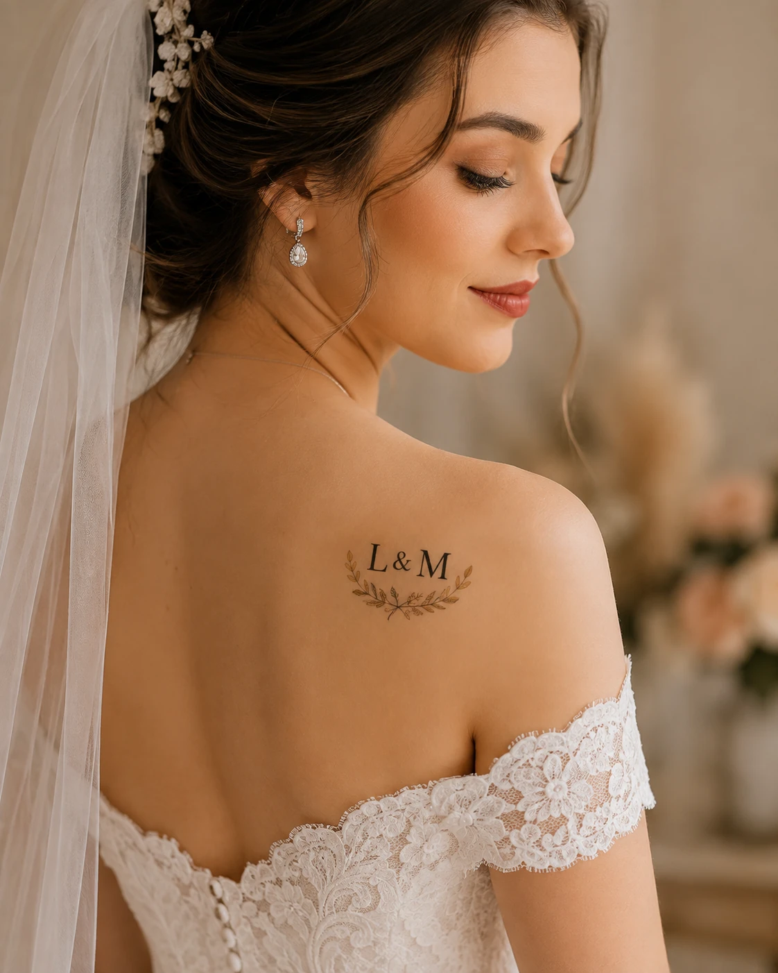 Novia de espaldas con un tatuaje temporal de las iniciales L y M y una ramita en el hombro