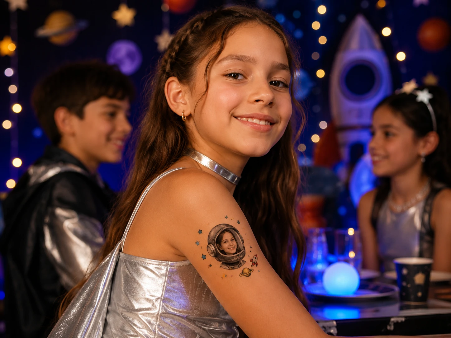 Niña en una fiesta temática espacial con un tatuaje temporal de su retrato de astronauta