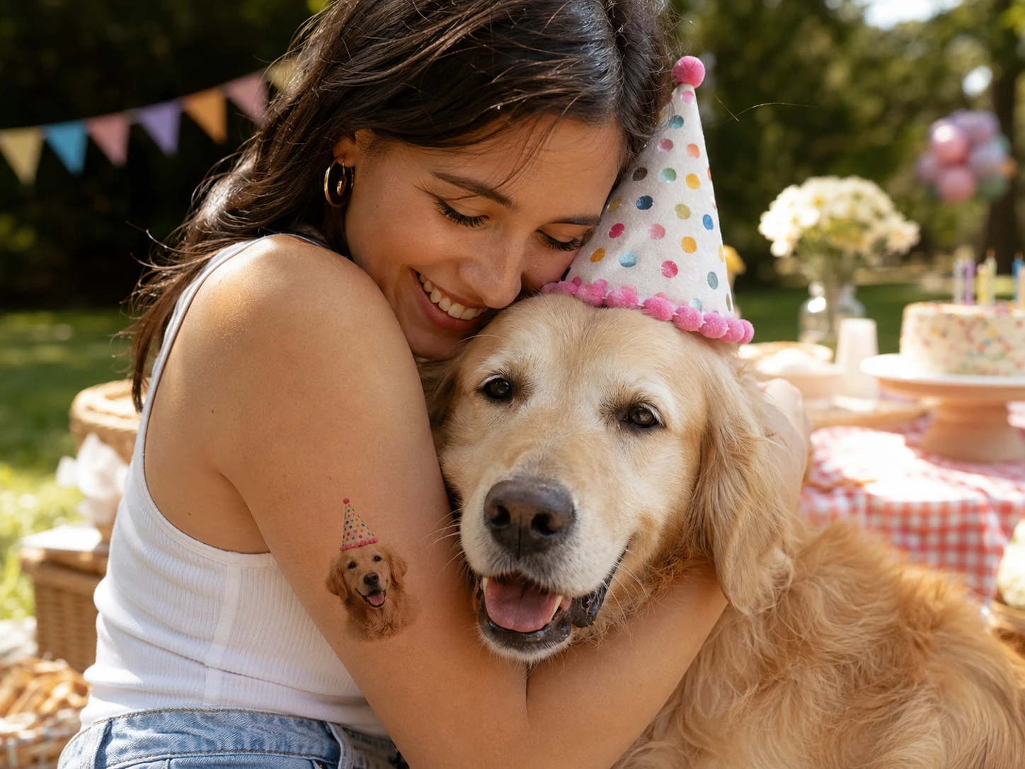Mujer abrazando a su golden retriever con un tatuaje temporal del perro en el brazo