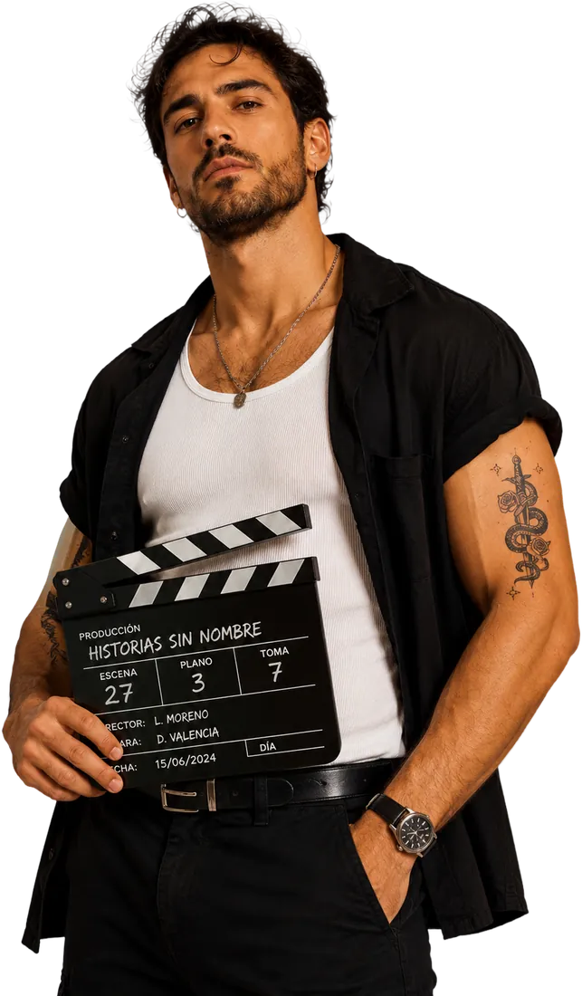 Actor en un rodaje con un tatuaje temporal de continuidad en el brazo