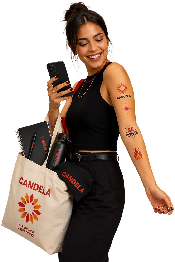 Mujer con merchandising de marca y tatuajes temporales a juego en el brazo