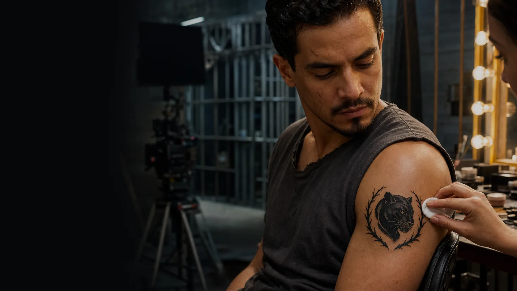 Actor en preparación de maquillaje para una producción, con un tatuaje temporal blackwork de pantera en el brazo