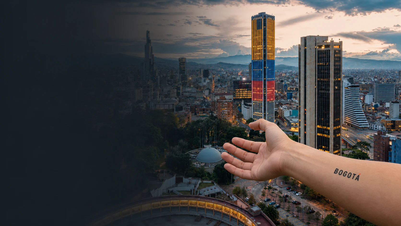 Vista del centro de Bogotá con la Torre Colpatria y un antebrazo con un tatuaje temporal que dice Bogotá