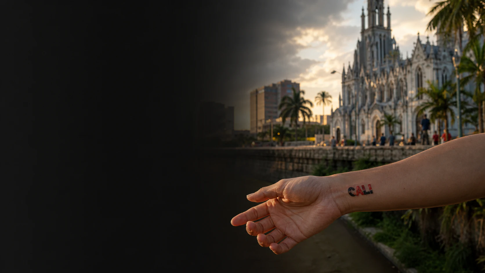 Vista de la iglesia La Ermita en Cali y un antebrazo con un tatuaje temporal que dice Cali