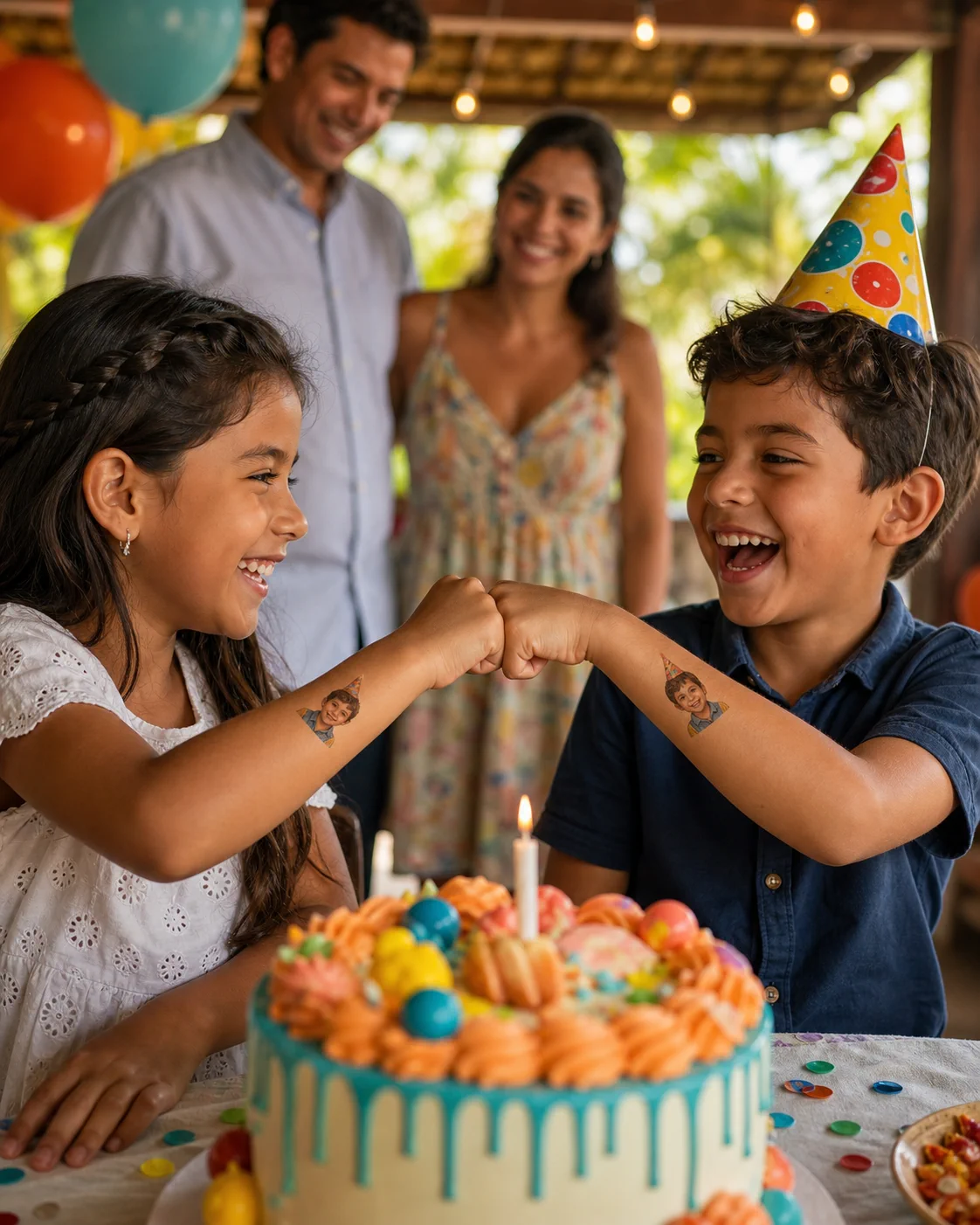 Dos niños colombianos chocan los puños y muestran tatuajes temporales iguales con el retrato fotográfico del cumpleañero con gorrito