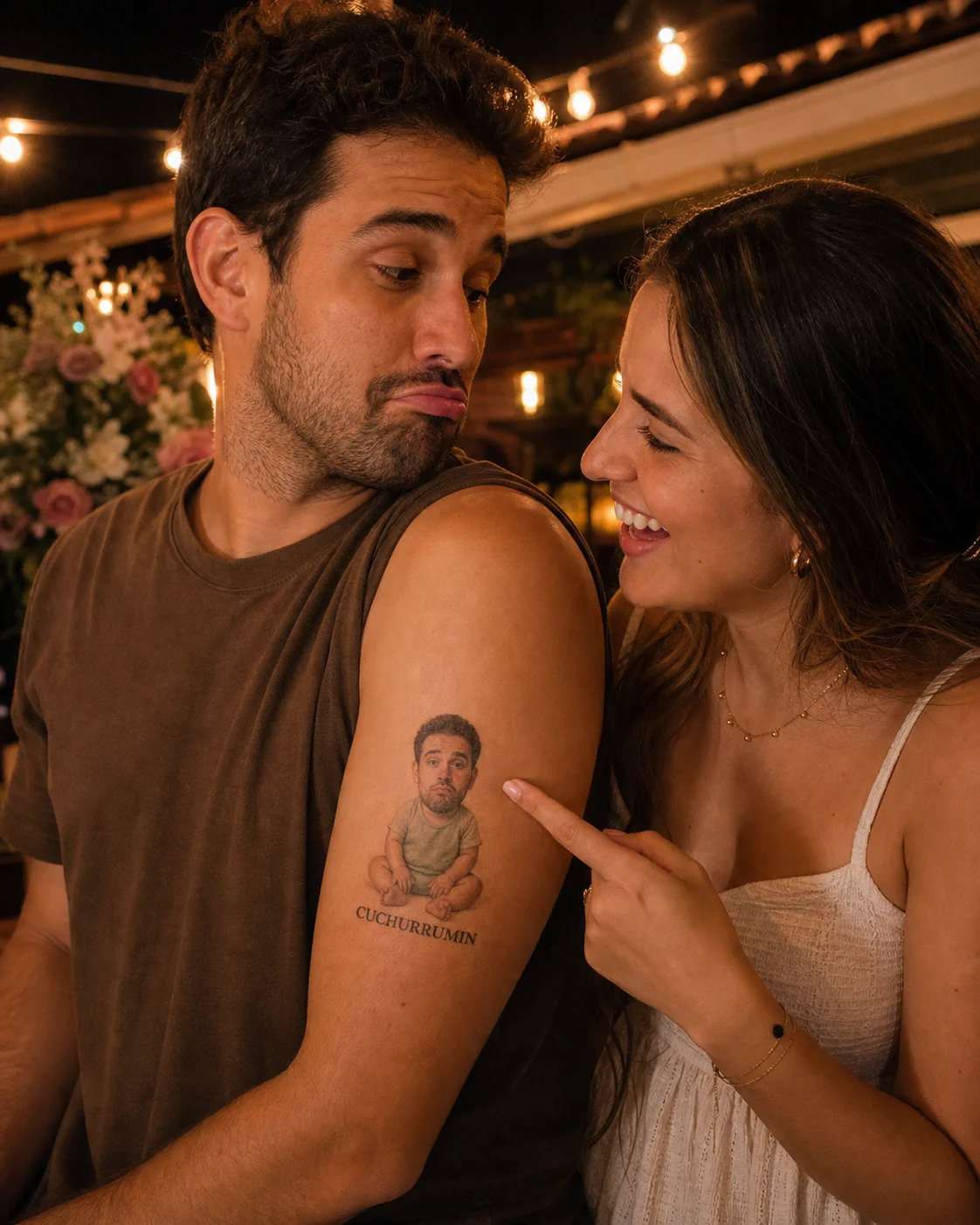 Pareja colombiana ríe por un tatuaje temporal fotográfico de él con cuerpo de bebé vestido y la palabra Cuchurrumin