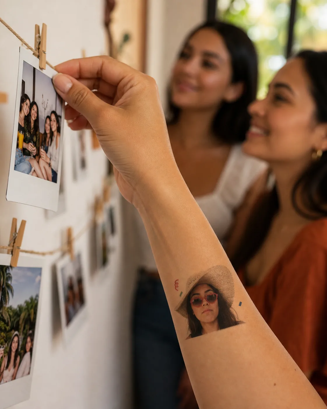 Amiga cuelga una fotografía mientras muestra un tatuaje temporal fotográfico de la novia con sombrero y gafas rojas