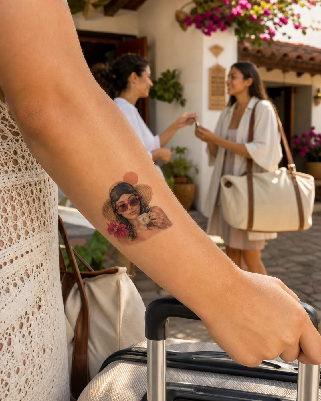 Amiga sostiene una maleta con un tatuaje temporal fotográfico de la novia listo para la escapada