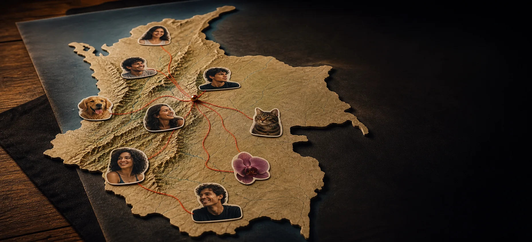Mapa en relieve de Colombia con tatuajes temporales fotográficos ubicados en distintas regiones y rutas que parten desde Bogotá