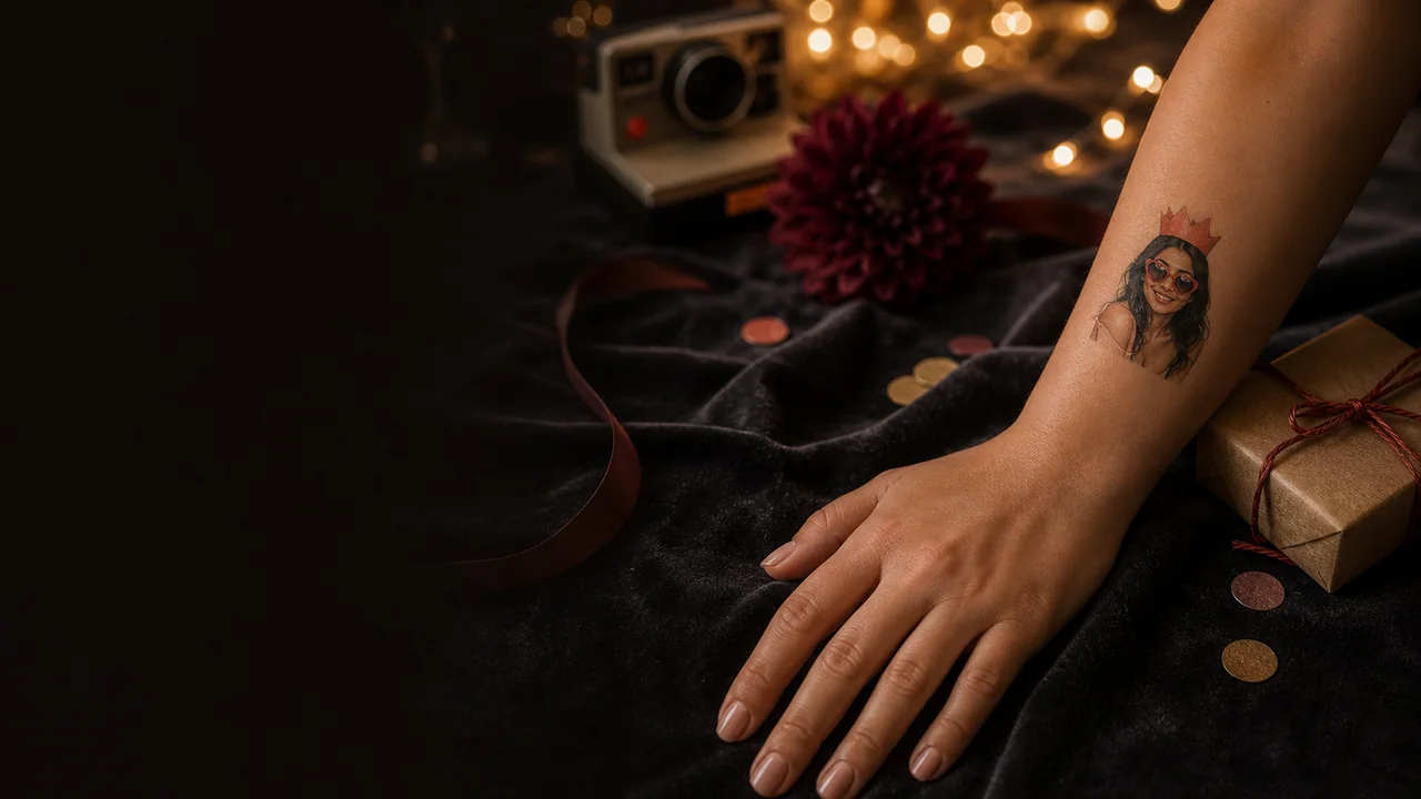 Antebrazo con un tatuaje temporal fotográfico durante una celebración entre luces, cámara y detalles creativos