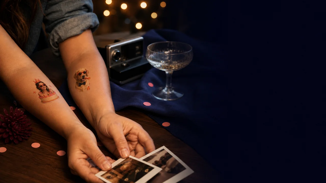 Dos amigas observan fotografías sobre una mesa de celebración y muestran tatuajes temporales de una cumpleañera y un perro