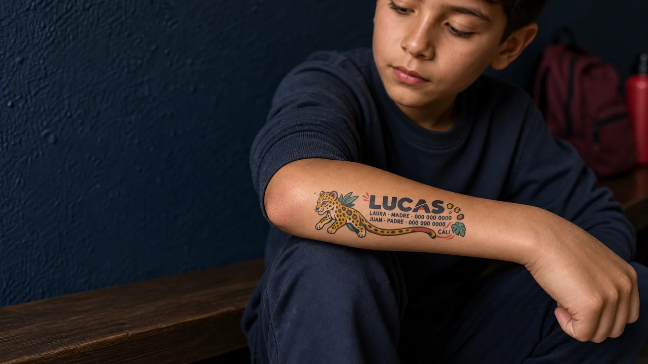Niño colombiano observa en su antebrazo un tatuaje temporal de jaguar con su nombre, dos contactos y la ciudad