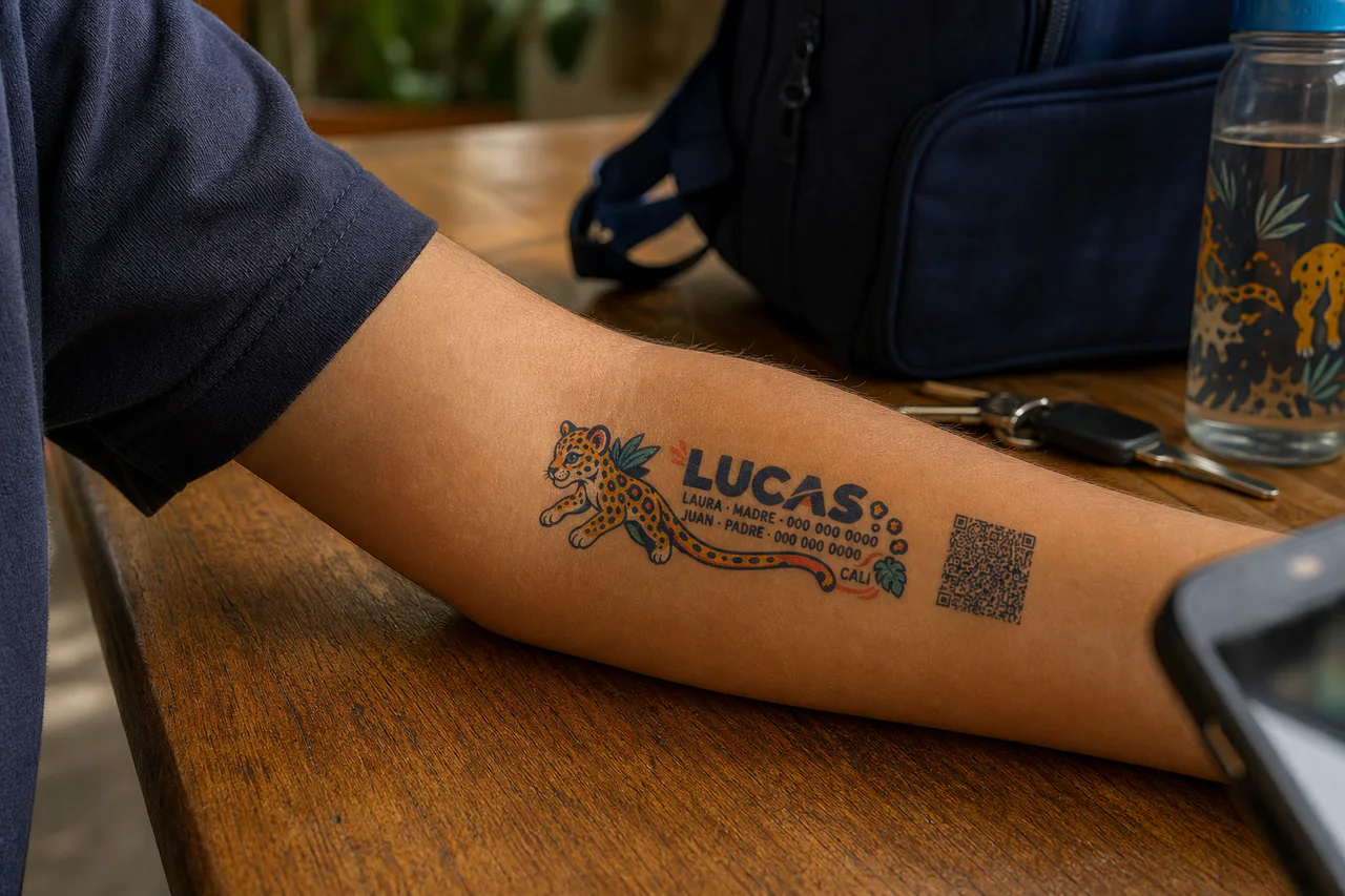 Un teléfono escaneando un código QR impreso en un tatuaje temporal sobre el brazo de un niño