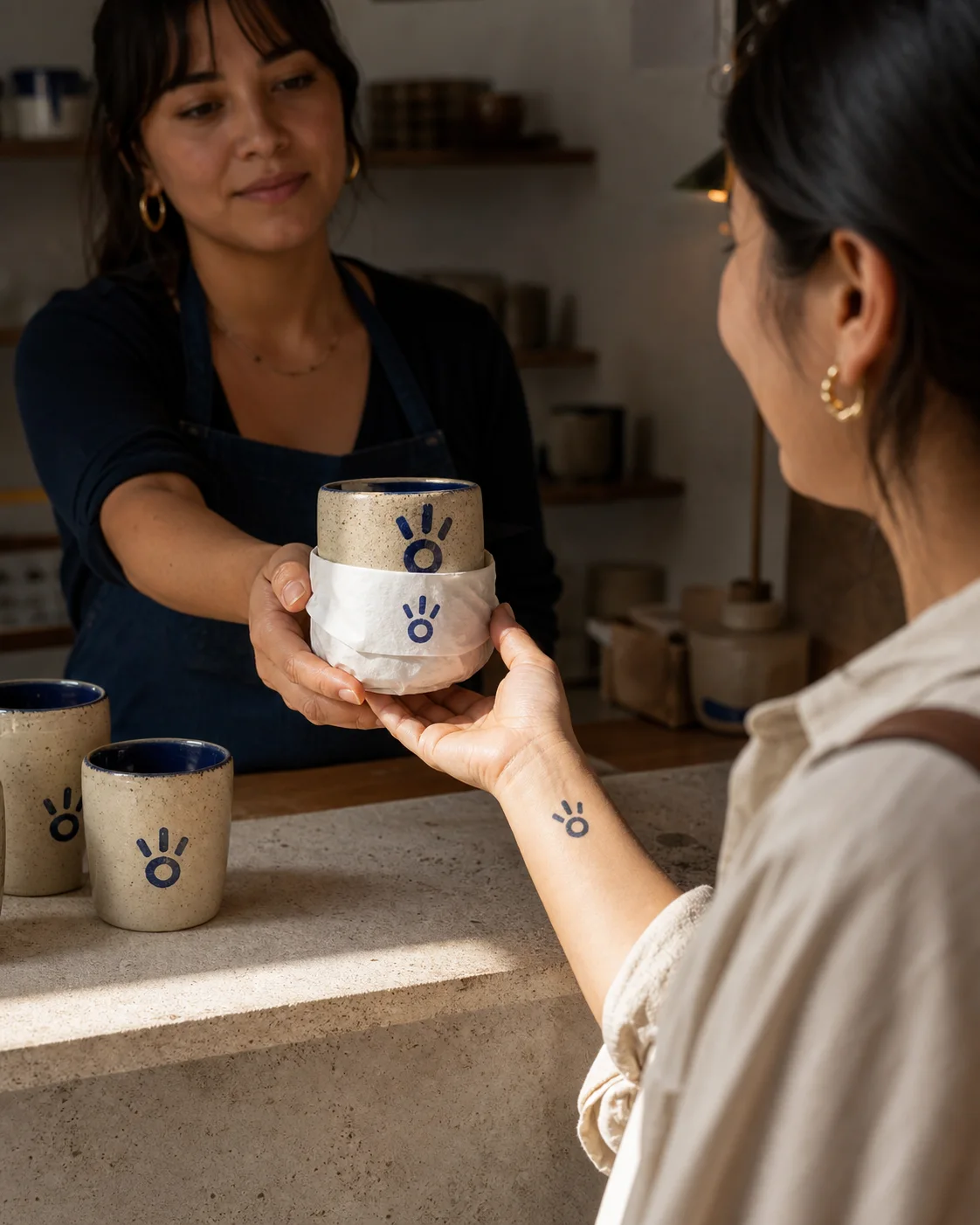 Ceramista colombiana entrega una taza cuyo emblema coincide con el tatuaje temporal azul que una clienta lleva en la muñeca