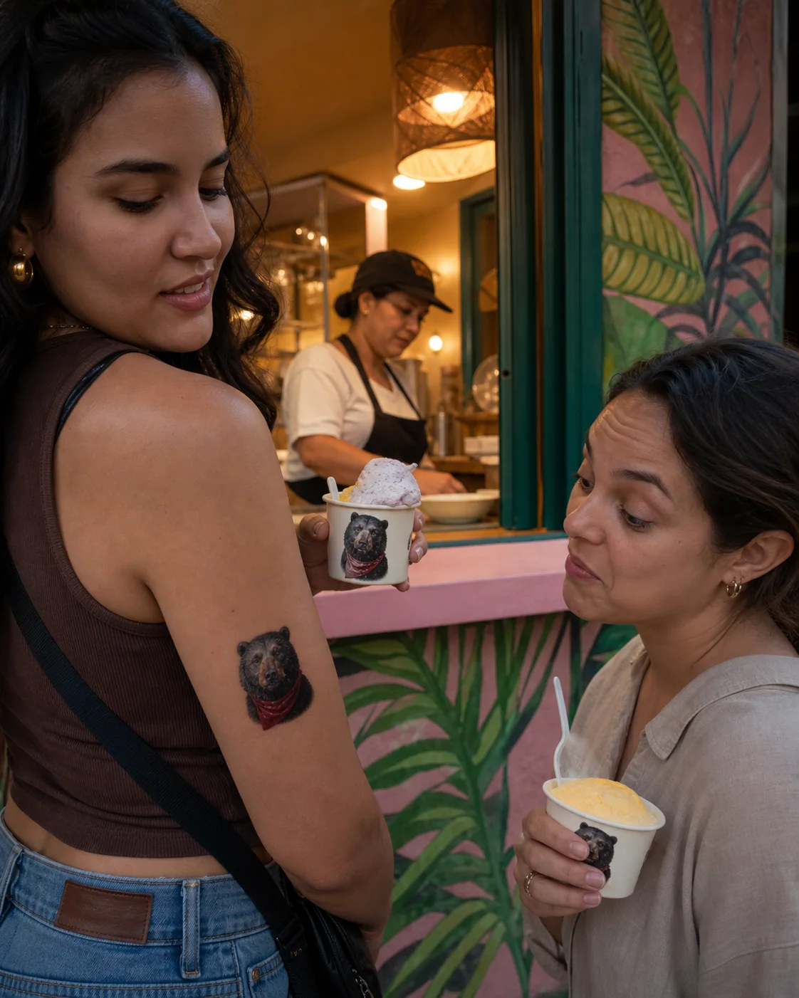 Clientas de una heladería colombiana comparan el tatuaje temporal fotográfico de un oso de anteojos con la mascota impresa en los vasos