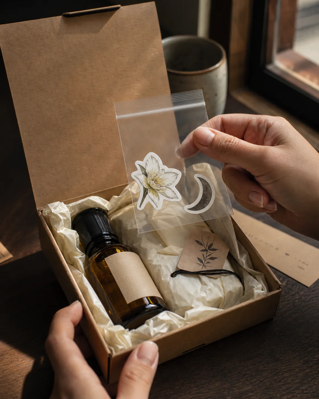 Pedido de perfumería abierto con dos tatuajes temporales troquelados, una flor blanca y una luna, dentro de una bolsa transparente