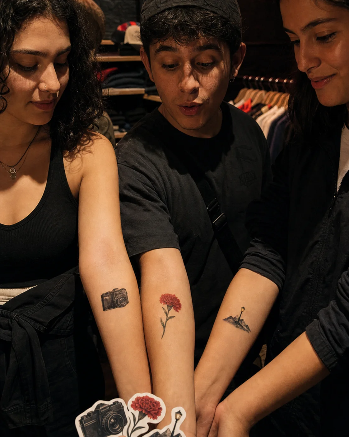 Tres jóvenes en un pop-up bogotano muestran tatuajes temporales de una cámara, un clavel y una montaña pertenecientes a la misma colección