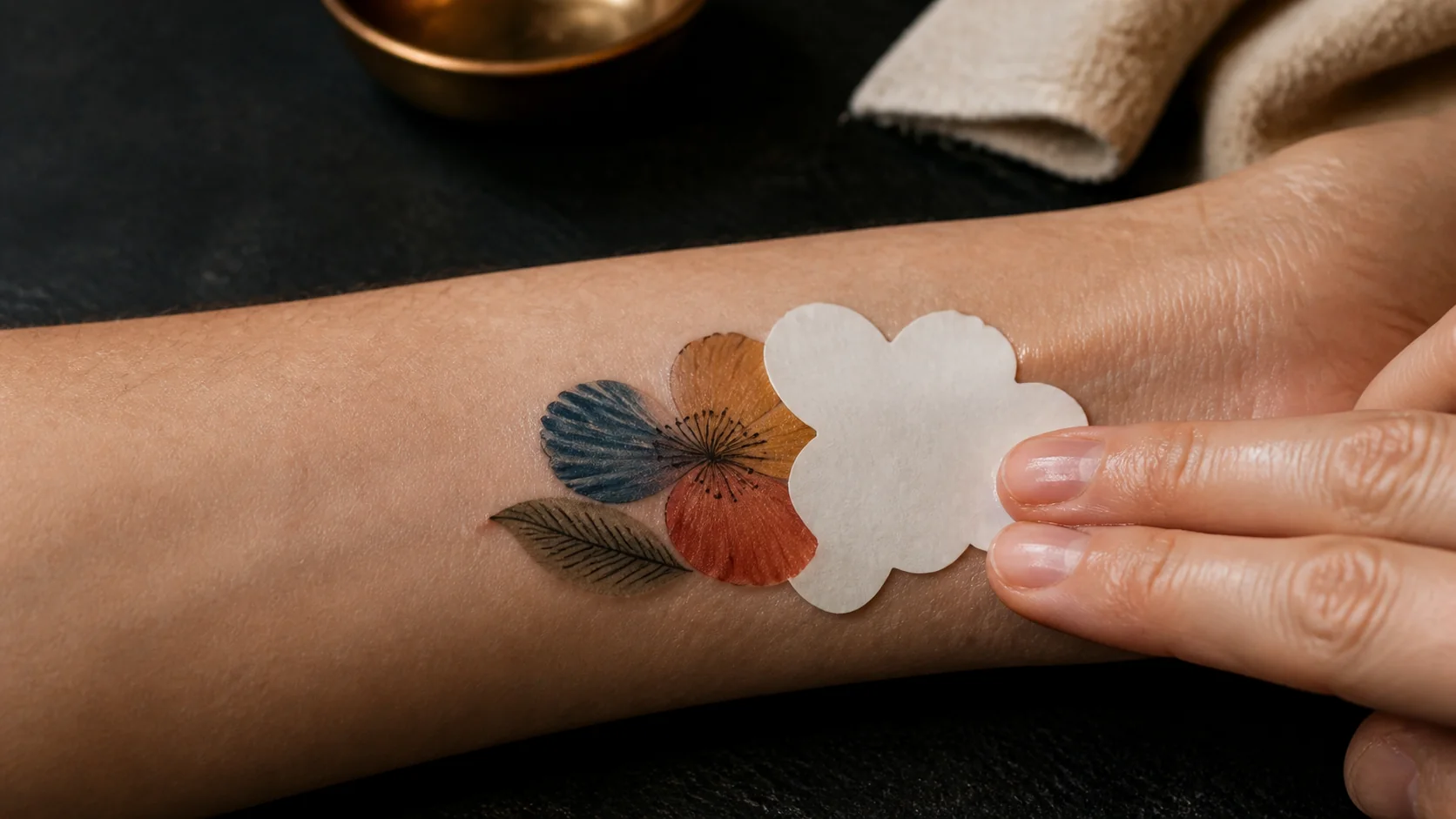 Papel blanco troquelado deslizándose sobre un tatuaje temporal floral en un antebrazo