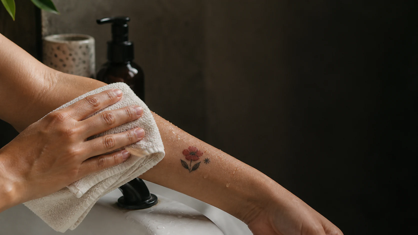 Antebrazo con un tatuaje temporal botánico mientras se seca suavemente con una toalla después del agua