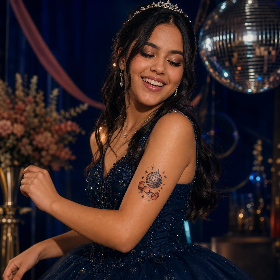 Quinceañera bailando con un tatuaje temporal de bola disco, cinta XV y estrellas