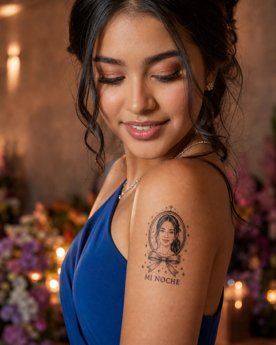 Quinceañera colombiana con un tatuaje temporal personalizado de su retrato y la frase Mi Noche