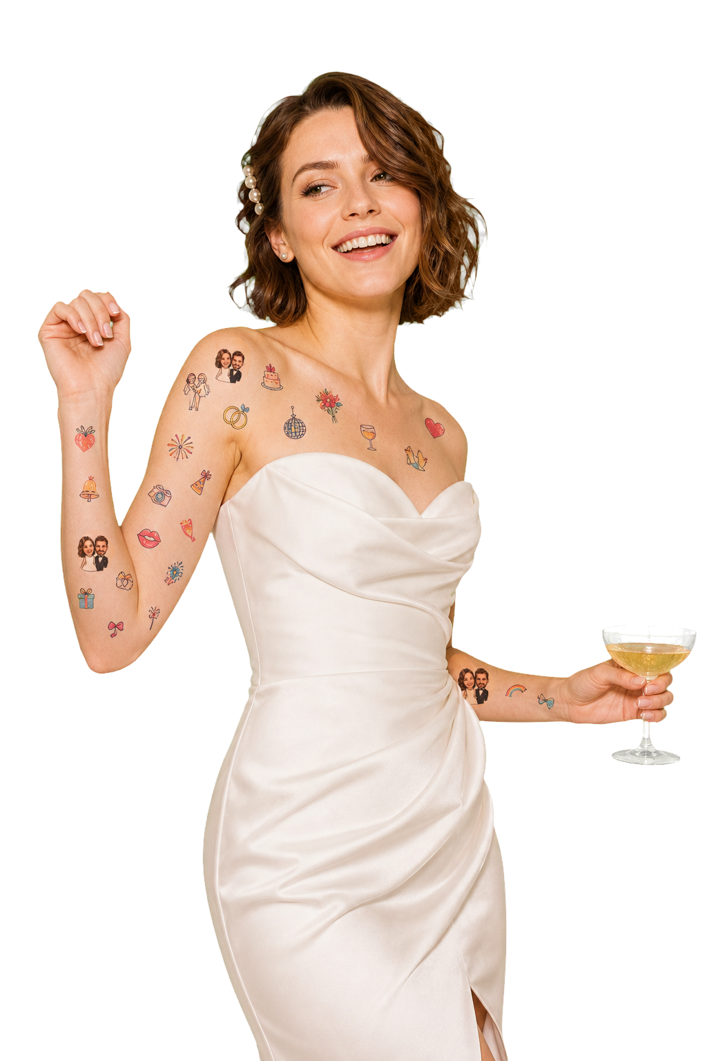 Novia sonriente con tatuajes temporales de boda a color