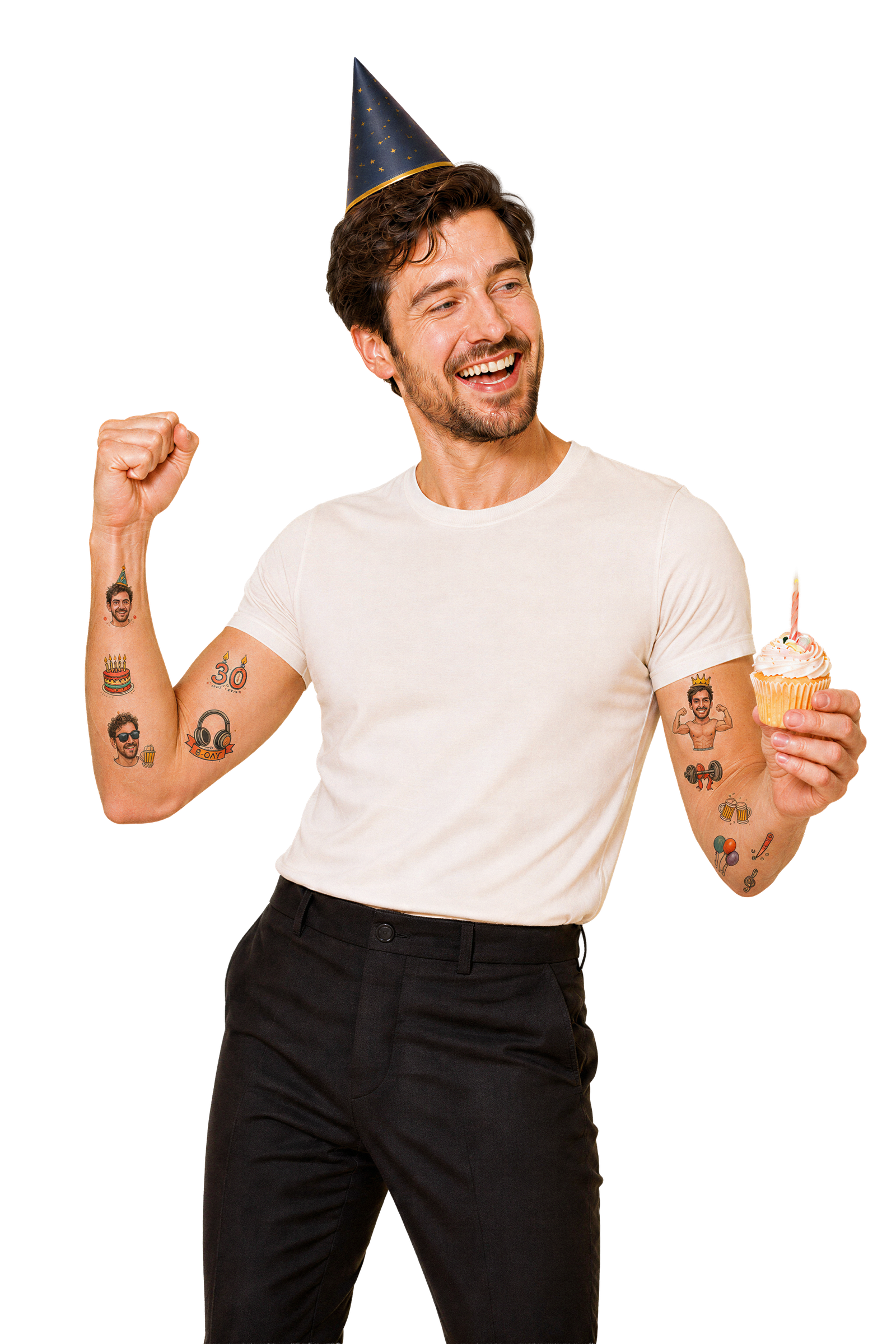 Hombre celebrando un cumpleaños con tatuajes temporales personalizados a color