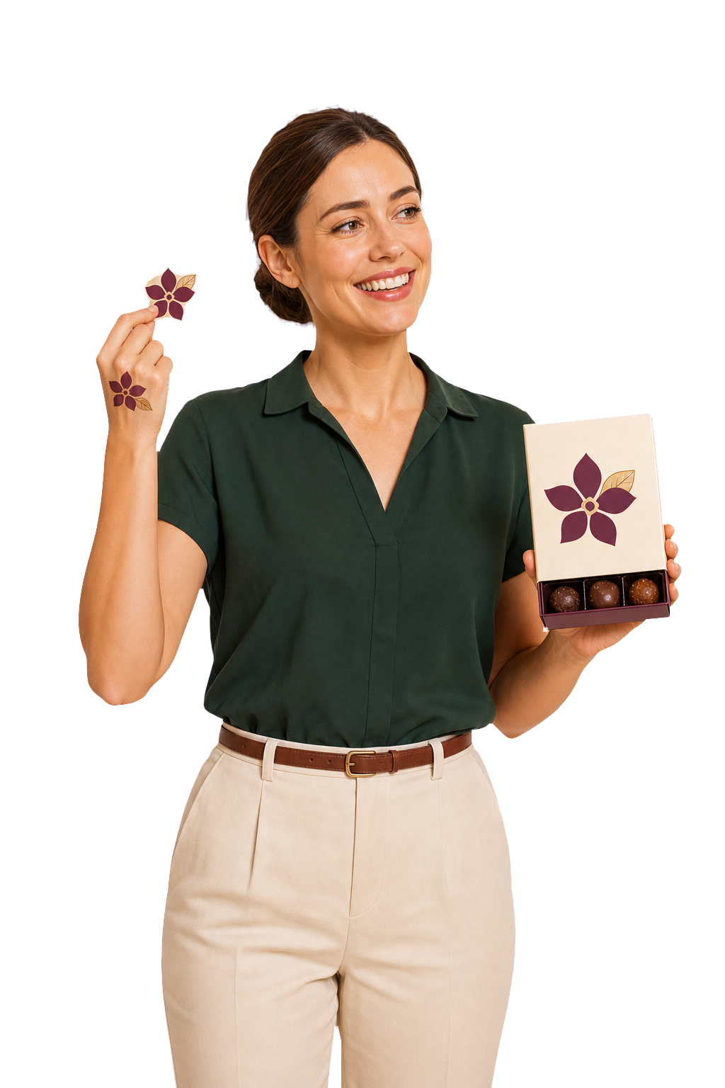 Emprendedora mostrando el tatuaje temporal de su marca y sus chocolates artesanales