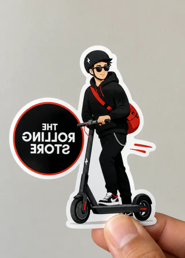 Tatuaje temporal troquelado con personaje en scooter creado para The Rolling Store