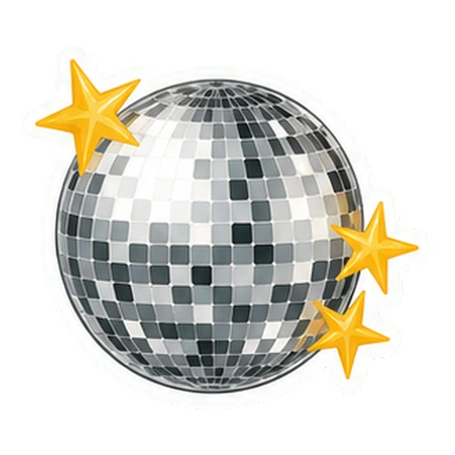 Tatuaje temporal de una bola de disco plateada con estrellas doradas
