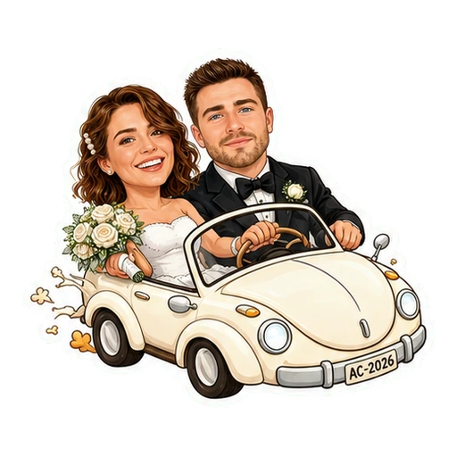 Tatuaje temporal de una pareja de recién casados viajando en un carro