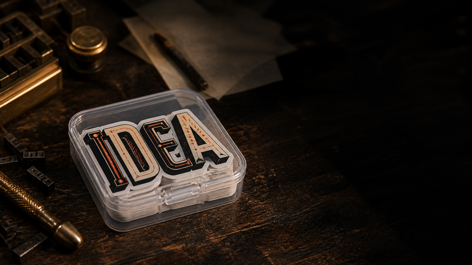 Caja transparente llena con una pila de tatuajes temporales personalizados y el diseño tipográfico IDEA