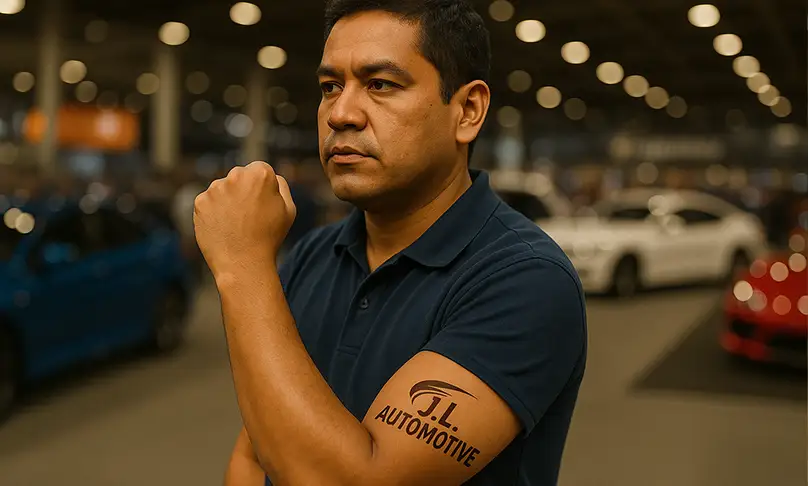 Juan Lozano, de J.L. Automotive, con un tatuaje temporal del logo de su marca en Motor Car Movement Show