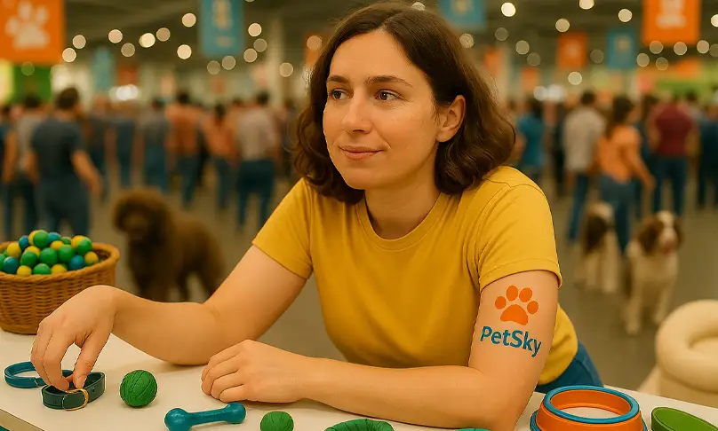Carolina Amaya, de PetSky, con un tatuaje temporal del logo de su marca en Feria Expopet